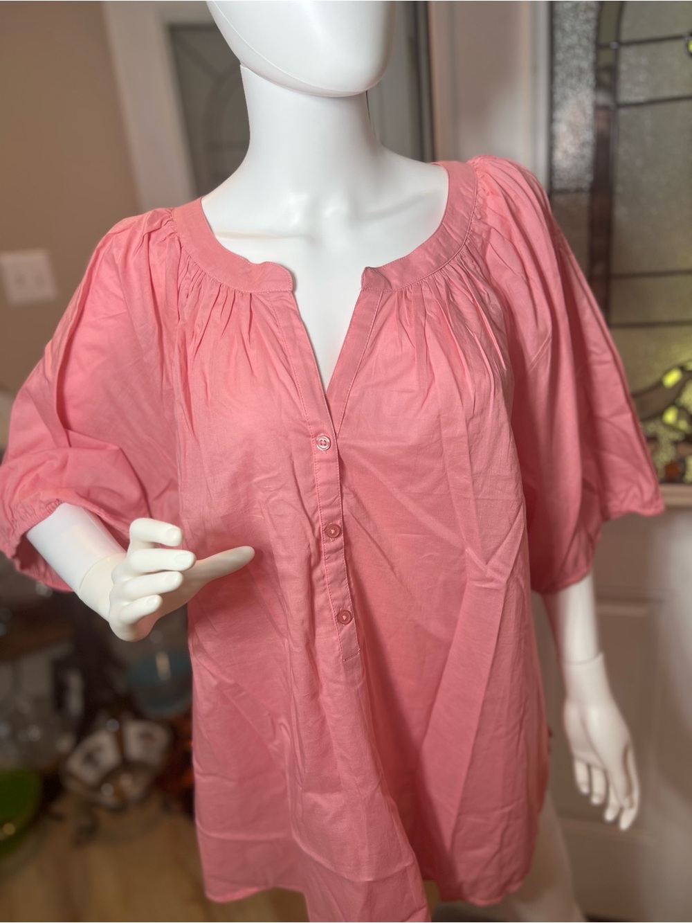 Lane Bryant Women’s Pink Peasant Blouse - Lightweight Button-Front Top